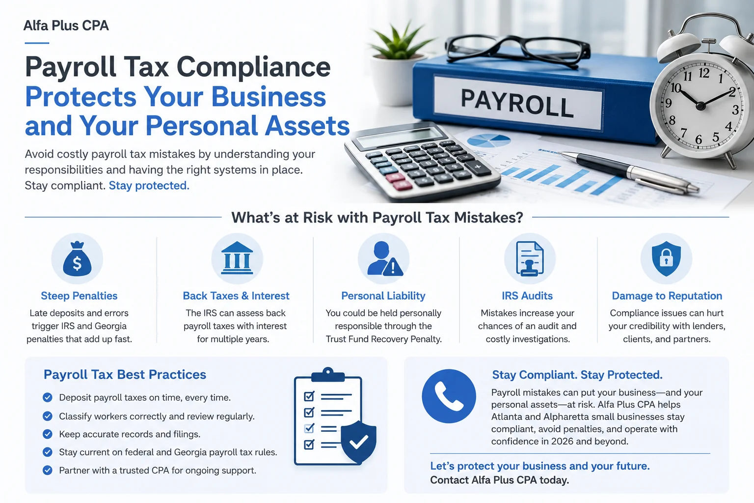 Payroll tax compliance guide for Georgia businesses showing payroll records, tax calculations, IRS audit risks, personal liability protection, and payroll best practices in 2026.