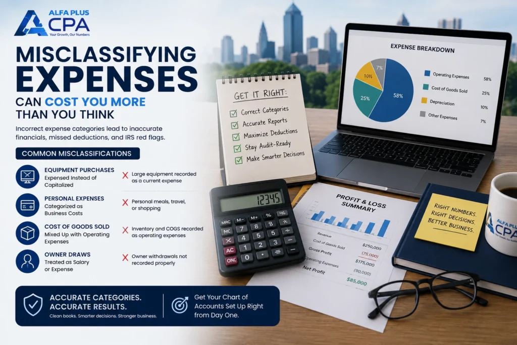 Misclassified business expenses illustration showing proper expense categorization and bookkeeping for Atlanta small businesses.