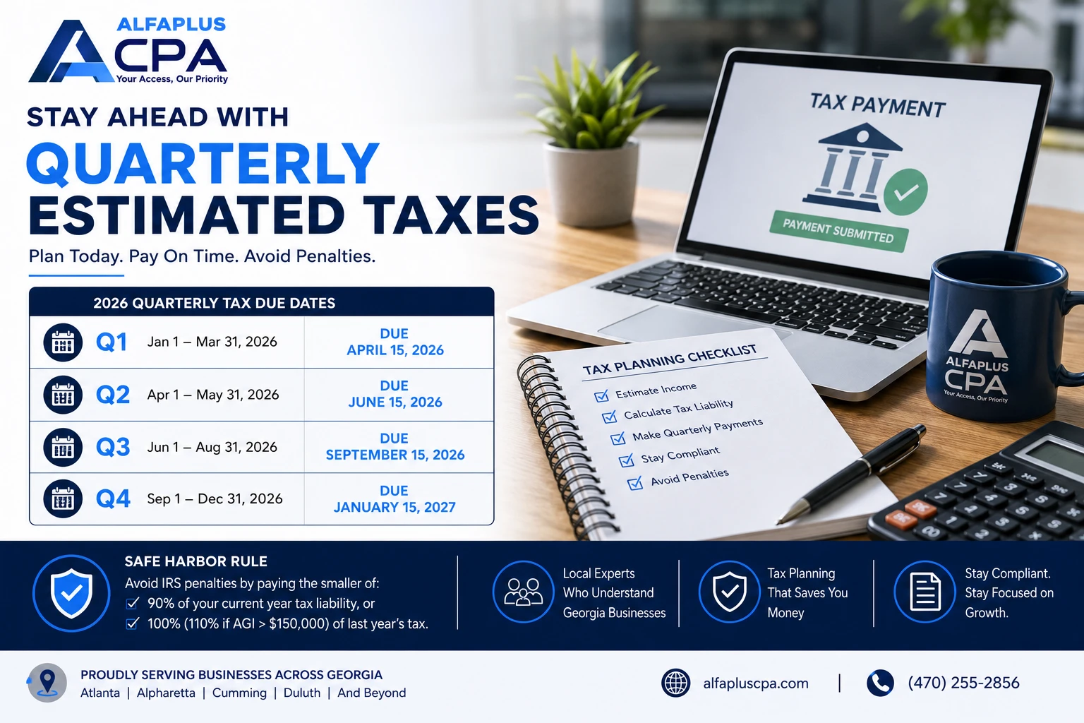 Tax planning checklist and 2026 quarterly estimated tax due dates for Georgia small business owners by Alfa Plus CPA